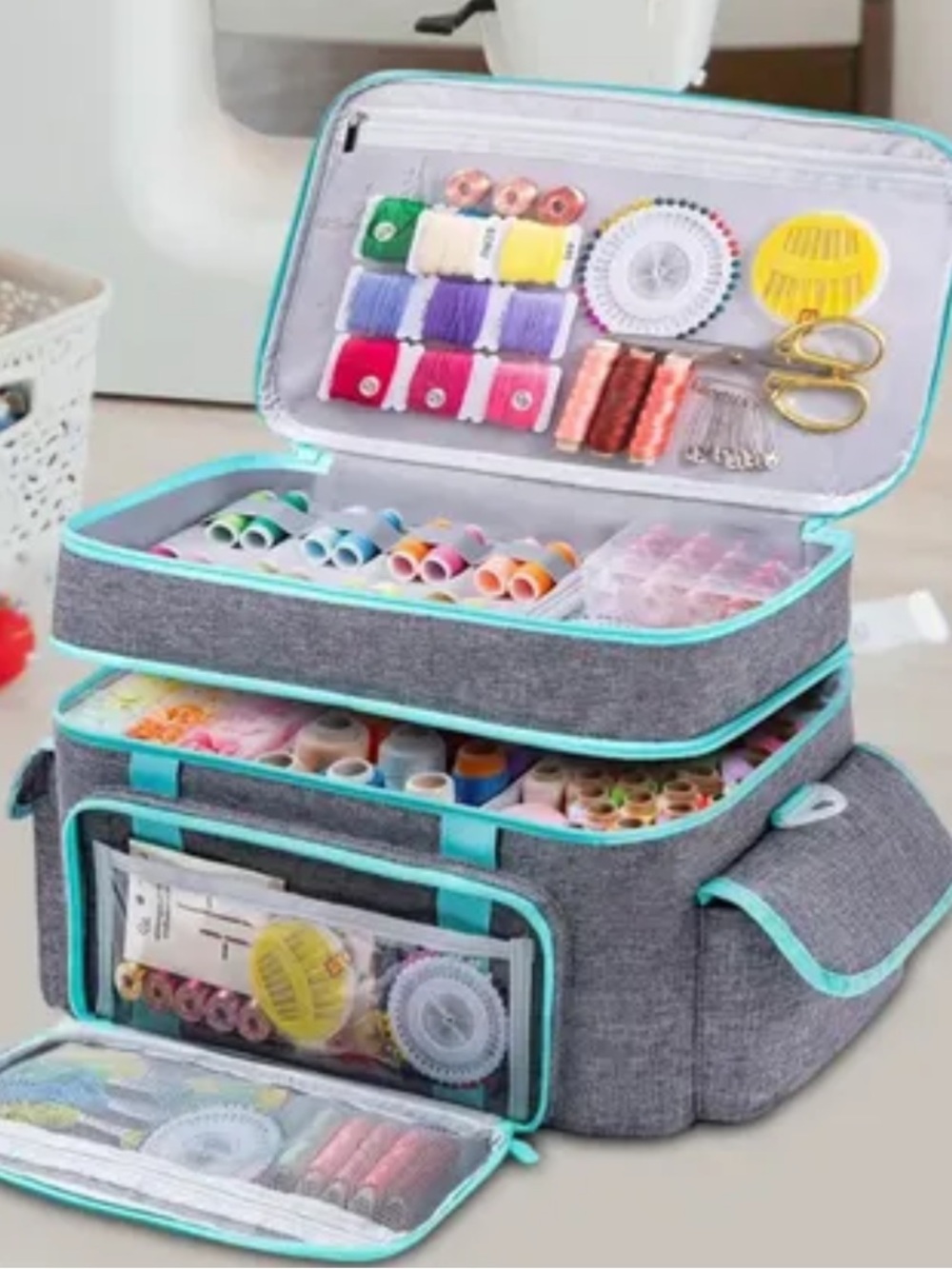 Portable Gray & Teal Craft or Sewing Organizer Bag with Turquoise Trim NEW